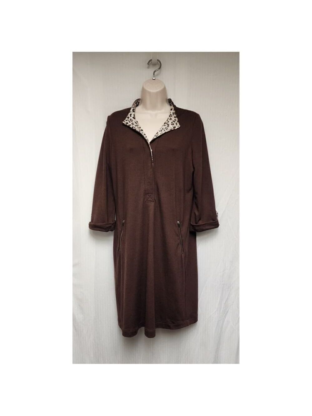 Chico's Brown Notched V-Neck 3/4 Sleeve Knee Length Shirt Dress Size 1 M - Picture 7 of 9